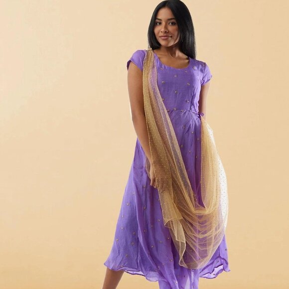 Lavender Banarasi Georgette Dress with Dupatta | Muvvas Boutique - Picture 1 of 4